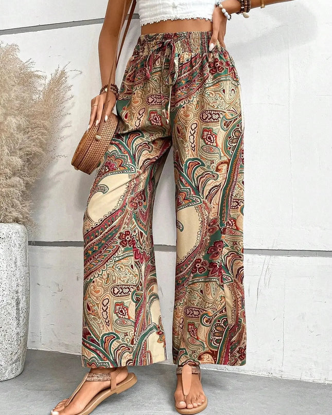 Fashionable Wide-Leg Elastic Waist Printed Pants for Women