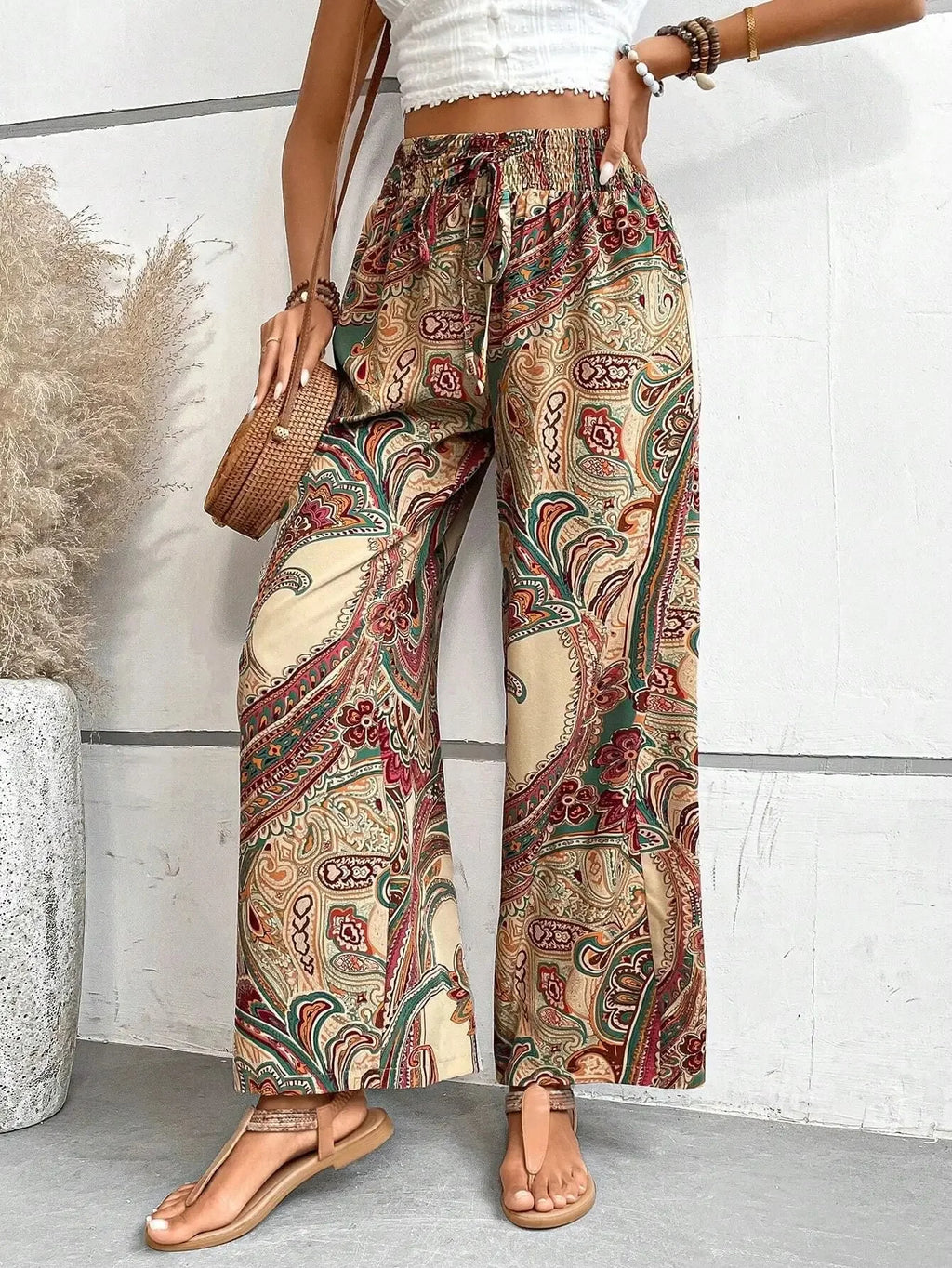 Fashionable Wide-Leg Elastic Waist Printed Pants for Women-HighTouch