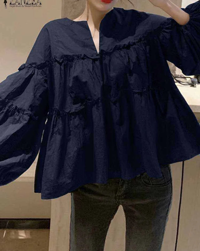 Zanzea Elegant Puff Sleeve Ruffle Blouse – Women’s Tunic Shirt