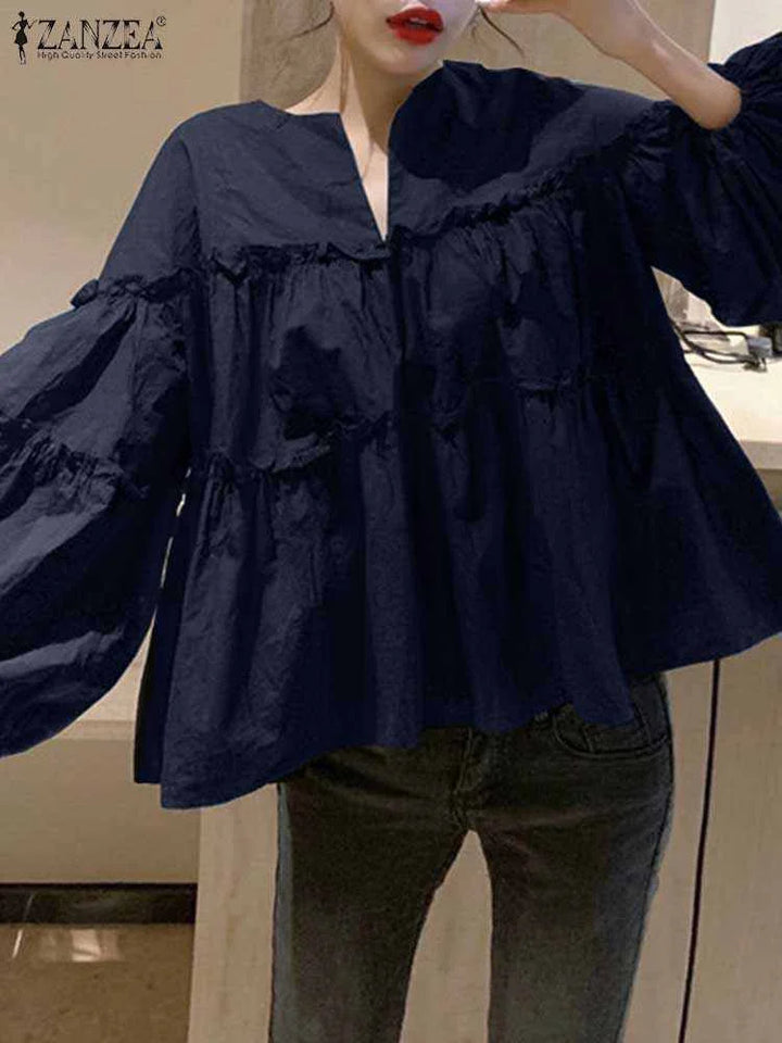 Zanzea Elegant Puff Sleeve Ruffle Blouse – Women’s Tunic Shirt-HighTouch