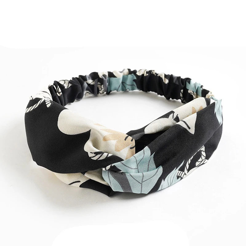 Vintage Boho Printed Cross Turban Headband – Wide Stretchy Fabric Band