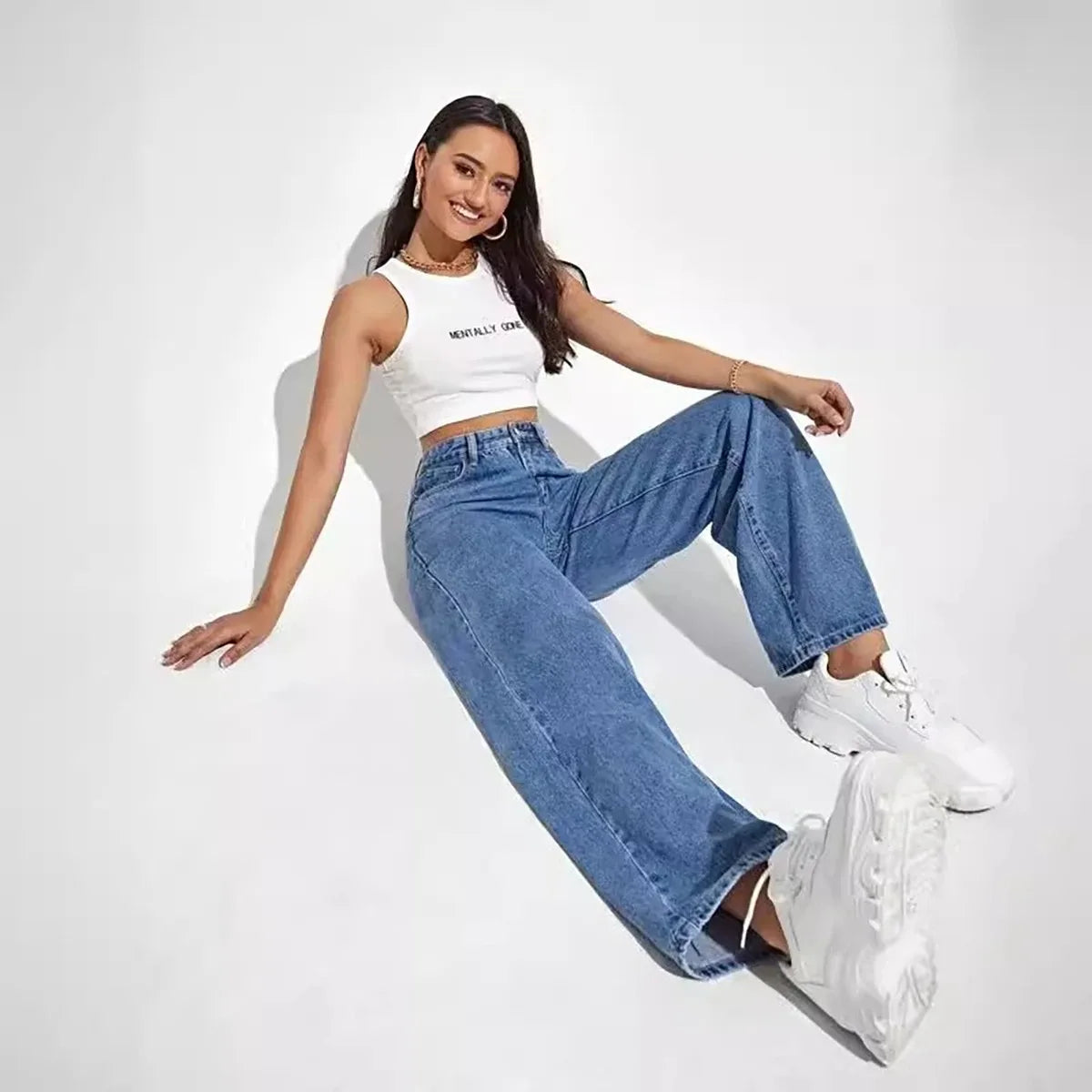 High Waist Retro Baggy Straight Jeans for Women's