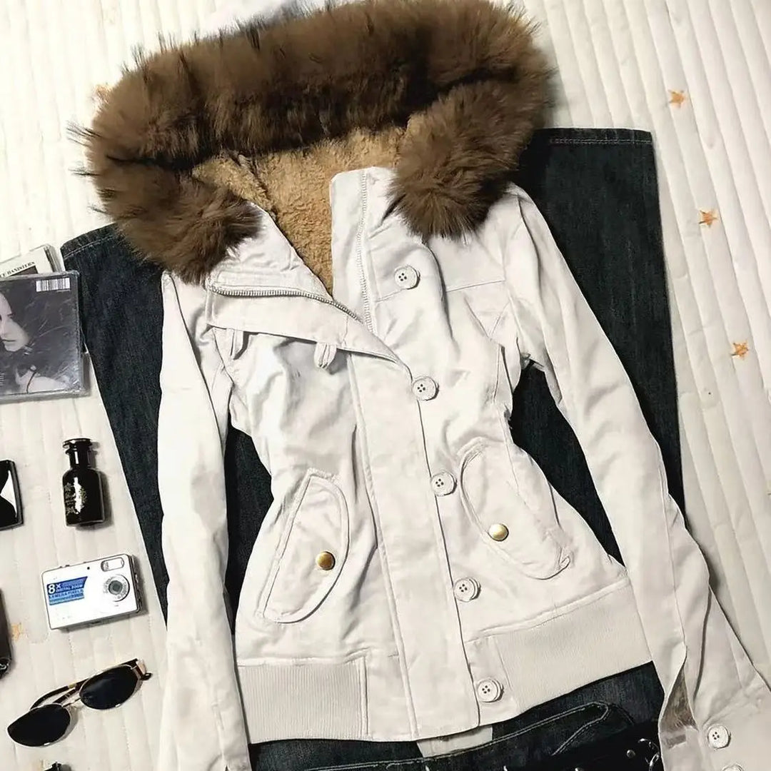 Winter Jacket Women Hooded Faux Fur Trim Fleece Lined Slim Coat