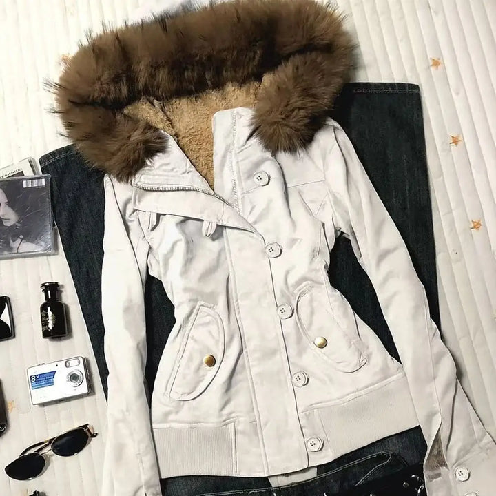 Winter Jacket Women Hooded Faux Fur Trim Fleece Lined Slim Coat