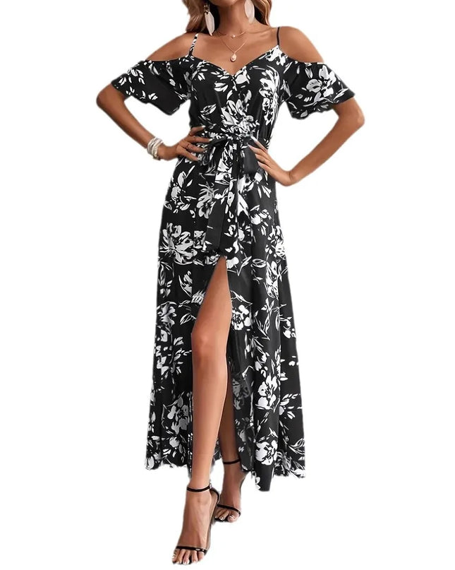 Boho Floral Cold-Shoulder Split Maxi Dress Women