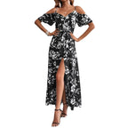 Boho Floral Cold-Shoulder Split Maxi Dress Women-HighTouch