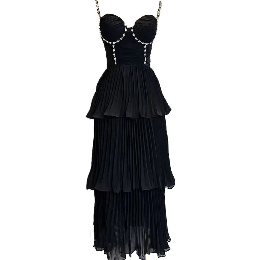 Elegant Diamond Pleated A-Line Evening Dress – Sleeveless V-Neck Gown-HighTouch