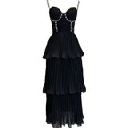 Elegant Diamond Pleated A-Line Evening Dress – Sleeveless V-Neck Gown-HighTouch