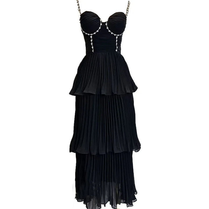 Elegant Diamond Pleated A-Line Evening Dress – Sleeveless V-Neck Gown-HighTouch
