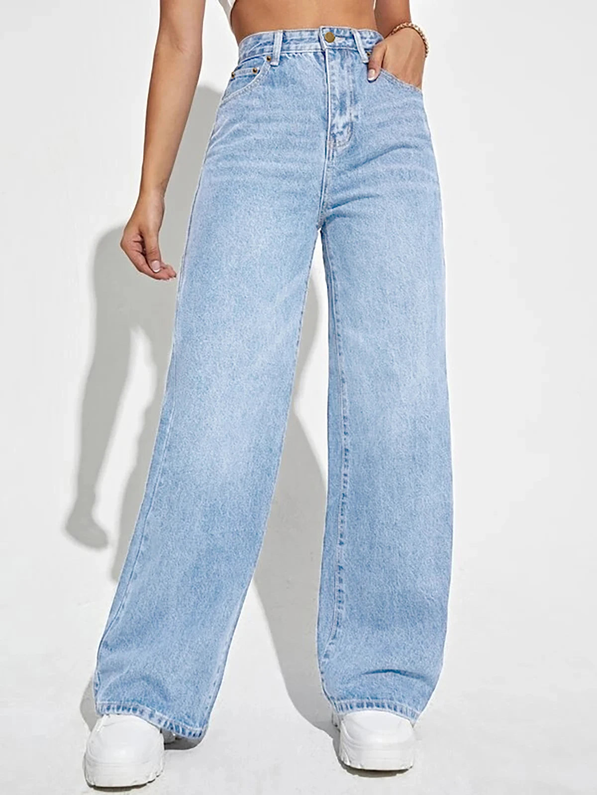 Women’s Mid-Waist Loose Straight Jeans Casual Denim Pants-HighTouch