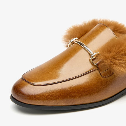 Beau Today Women's Calfskin Leather Mules with Rabbit Fur Lining
