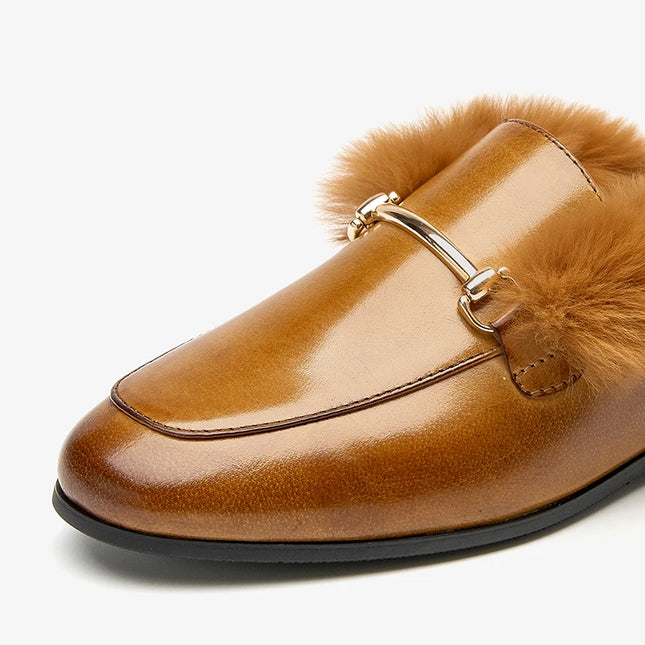 Beau Today Women's Calfskin Leather Mules with Rabbit Fur Lining
