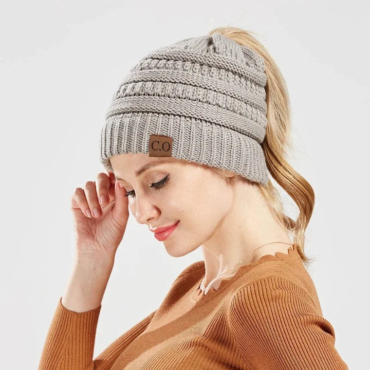 Soft Stretch Knit Messy Bun Beanie-HighTouch