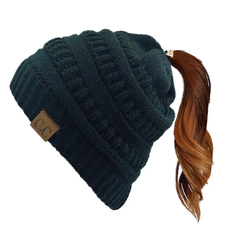 Cable Knit Ponytail Beanie-HighTouch