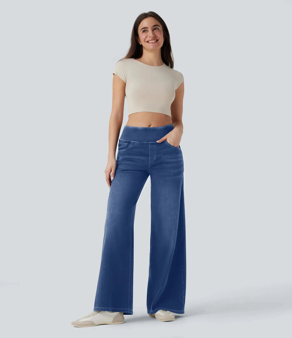 Women’s High-Waist Wide-Leg Zip Denim Jeans Casual Pants-HighTouch