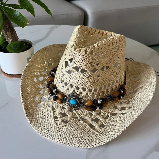 Bohemian Straw Cowboy Sun Hat – Wooden Beads