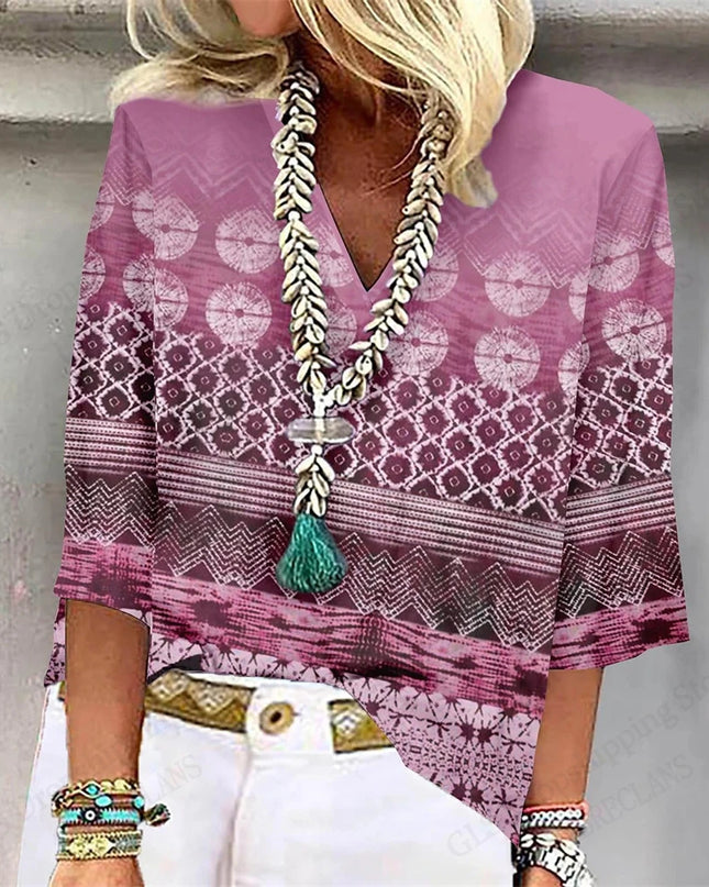 Vintage 3D Floral Oversized V‑Neck Tee – Breezy Summer Style