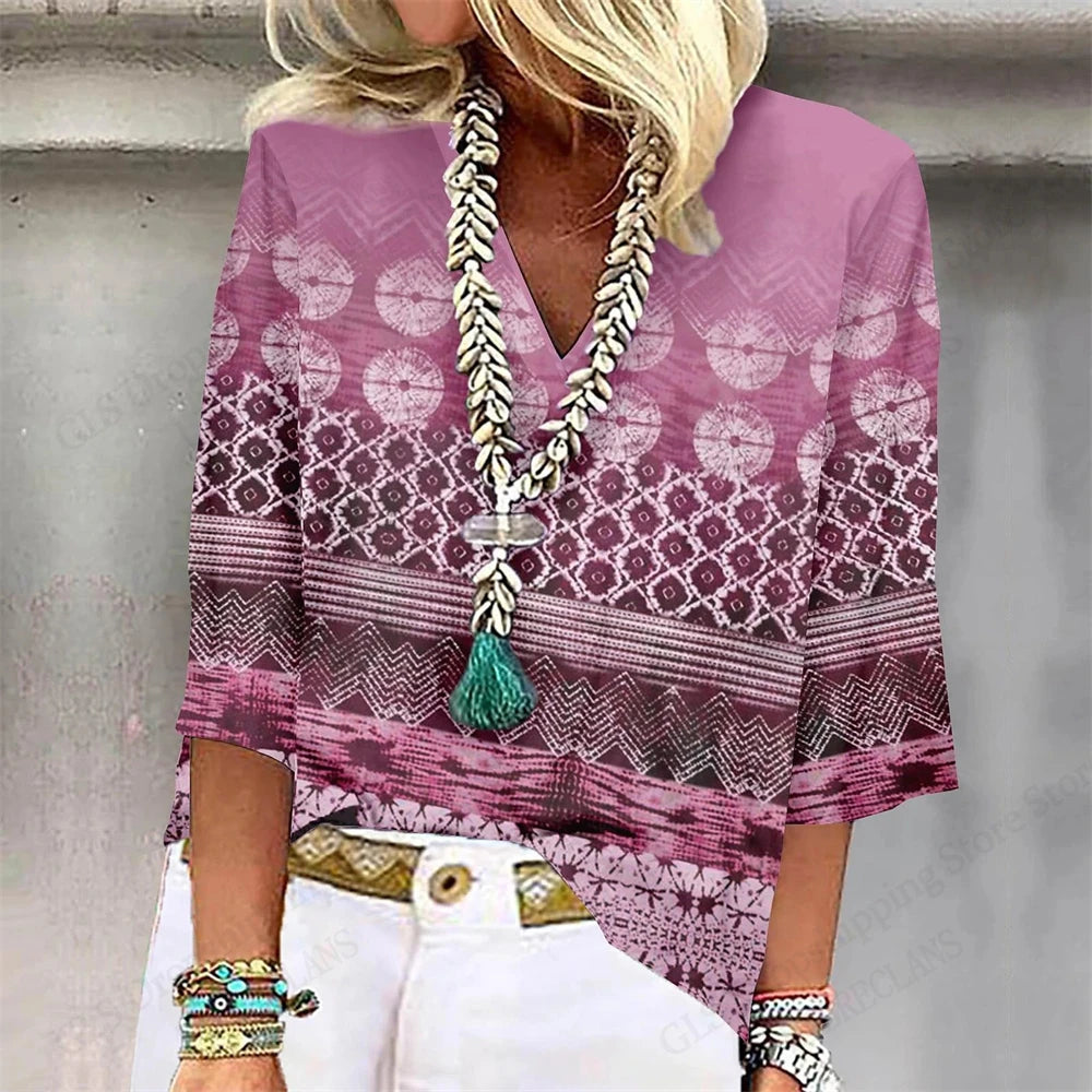 Vintage 3D Floral Oversized V‑Neck Tee – Breezy Summer Style