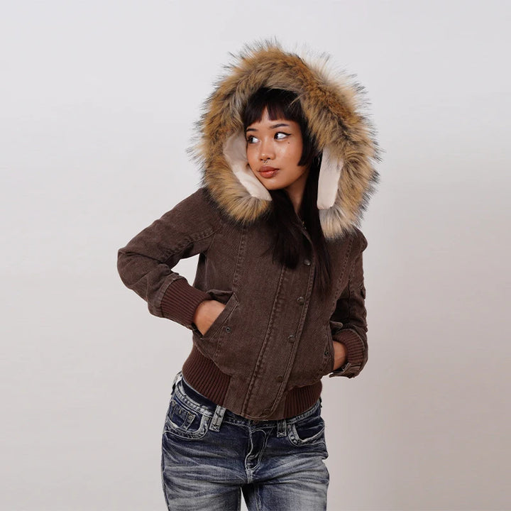 Winter Jacket Women Brown Short Hooded Detachable Fur Collar
