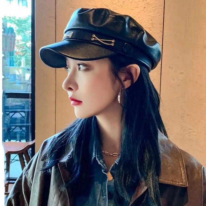 PU Leather Beret Hat All Season British Visor Baker Boy Cap