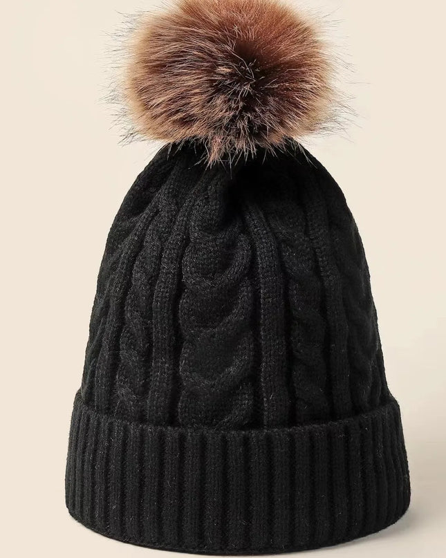 Plush-Pom Knit Flap Beanie for Women