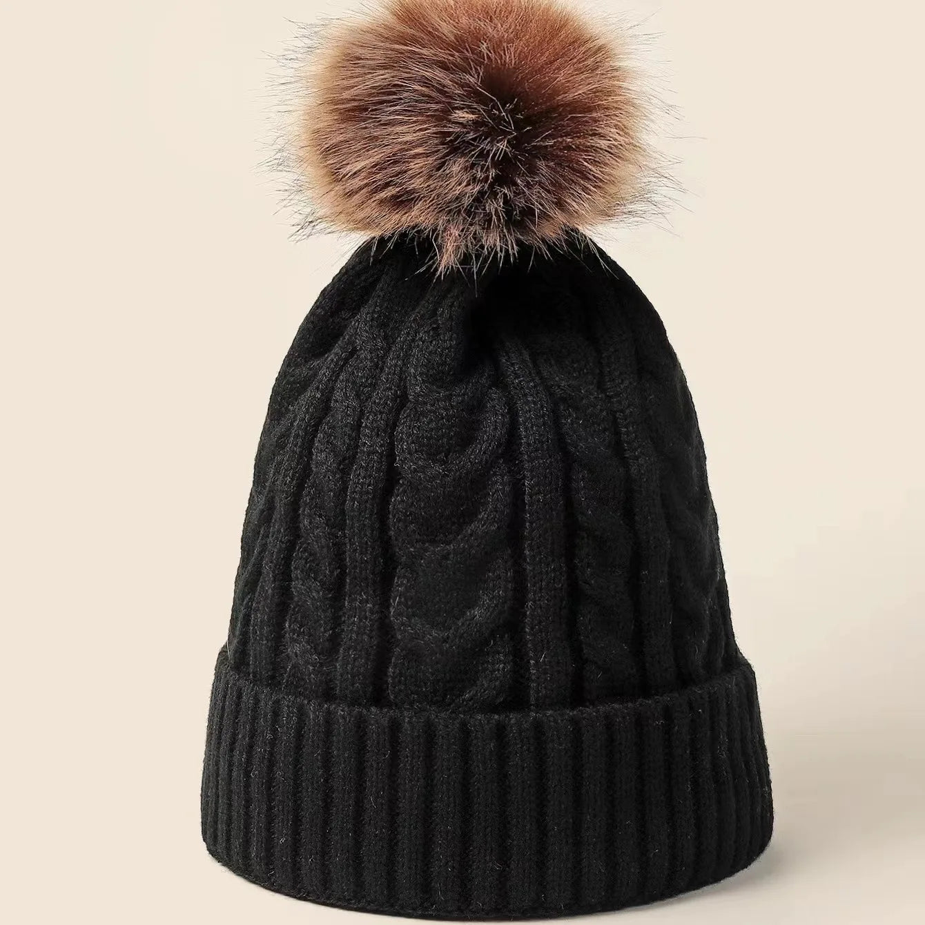 Plush-Pom Knit Flap Beanie for Women
