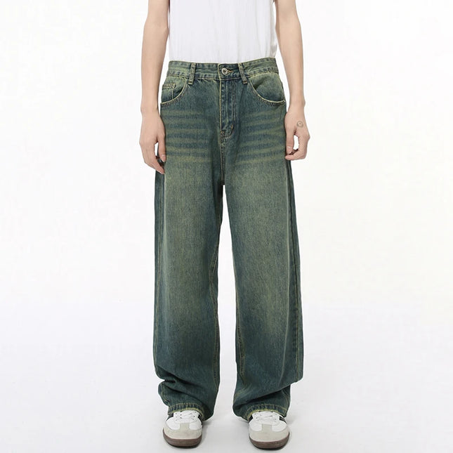 Korean Streetwear Straight-Wide Leg Denim Jeans for Men – Vintage Wash, Baggy Comfort