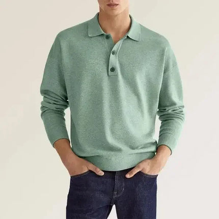 Solid Long Sleeve Men's Polo Shirt – Slim Fit Button Neck Pullover