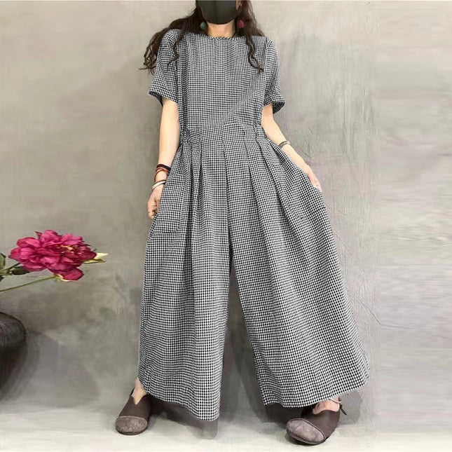 ZANZEA Gingham Wide-Leg Jumpsuit – Pleated Waist Casual Romper