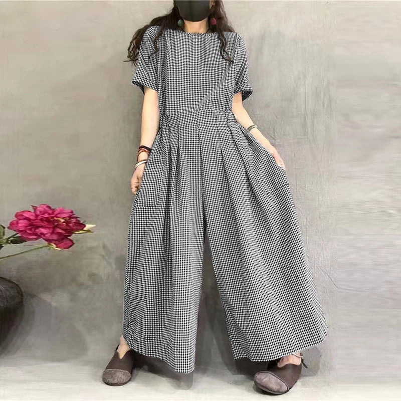 Gingham Wide-Leg Jumpsuit – Pleated Waist Casual Romper-HighTouch