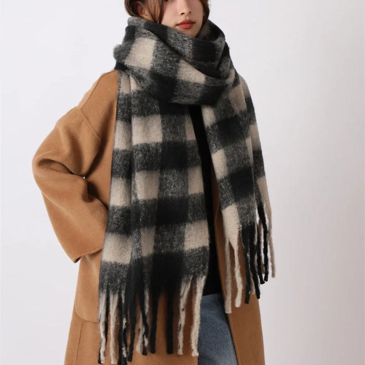 Retro Mohair Plaid Tassel Scarf Thick Winter Long Shawl
