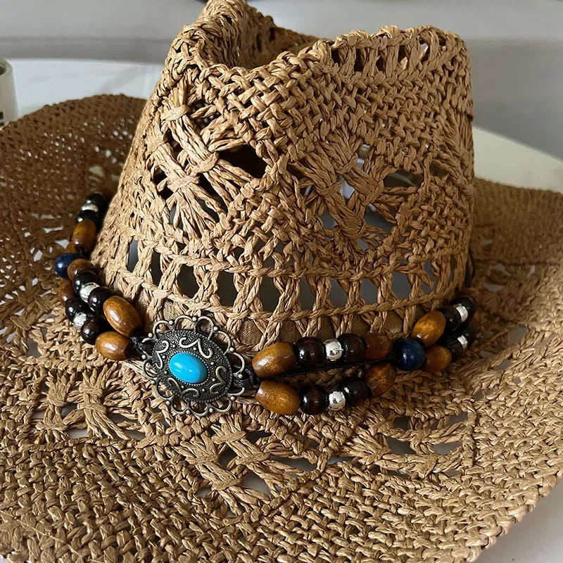 Bohemian Straw Cowboy Sun Hat – Wooden Beads