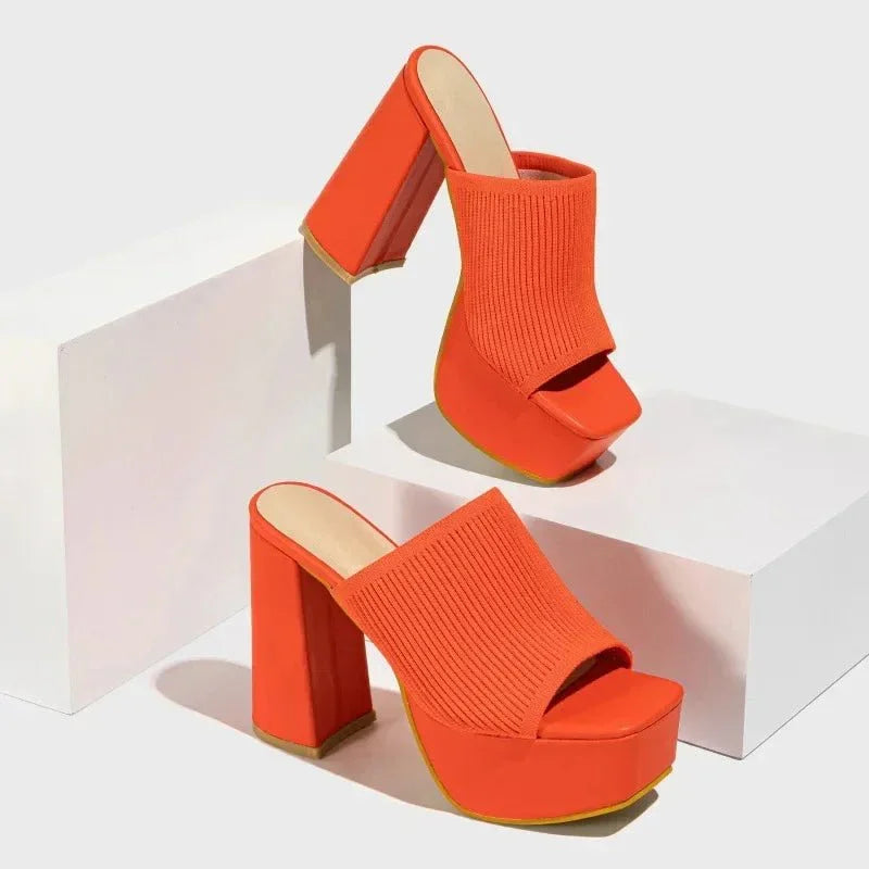 Women's Platform Block Heels – Stretch Knit 6.5cm Lift