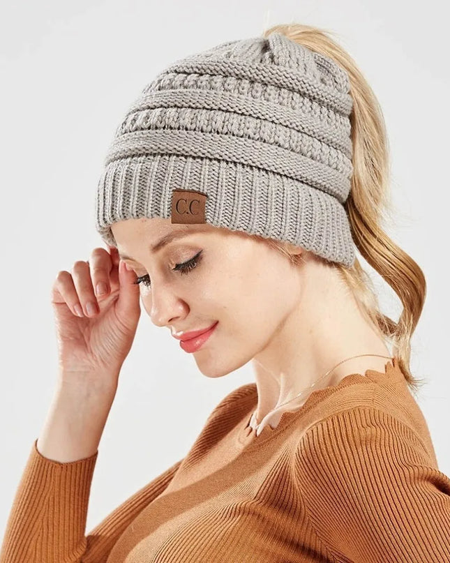 Cable Knit Ponytail Beanie