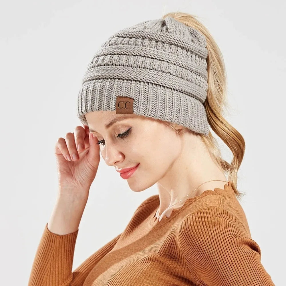 Cable Knit Ponytail Beanie-HighTouch