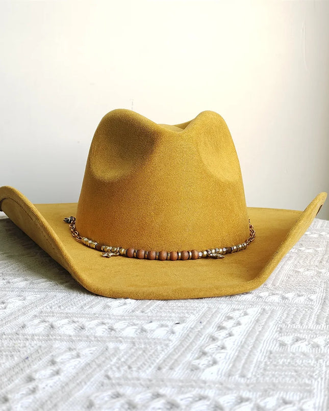 Suede Wide-Brim Western Cowboy Fedora Adjustable Fit