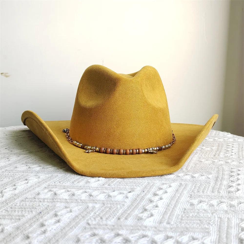 Suede Wide-Brim Western Cowboy Fedora Adjustable Fit