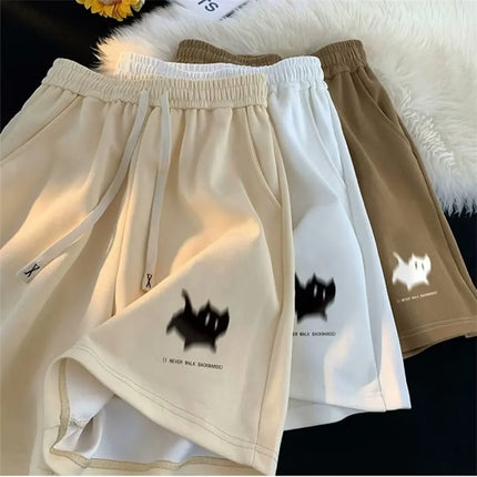 Y2K Oversized Kitten Print Shorts – High-Waist Streetwear Style