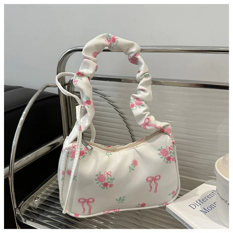 Floral Bow Canvas Pleated Drawstring Shoulder Bag – Aesthetic Underarm Purse-HighTouch