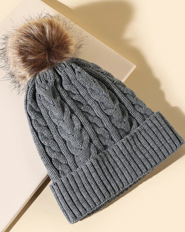 Plush-Pom Knit Flap Beanie for Women