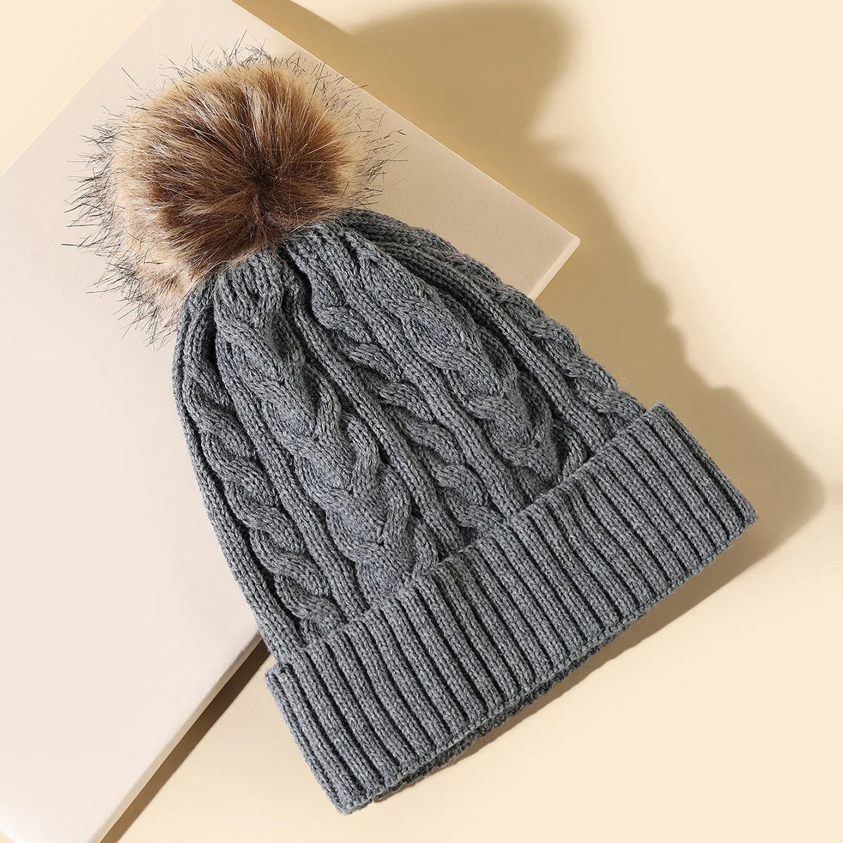 Plush-Pom Knit Flap Beanie for Women