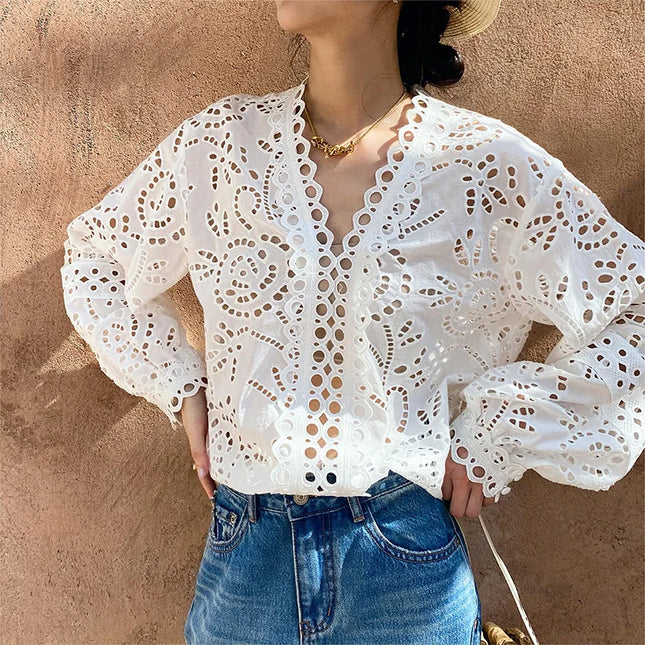 White Floral Eyelet Cotton Blouse – Long Sleeve V-Neck Top