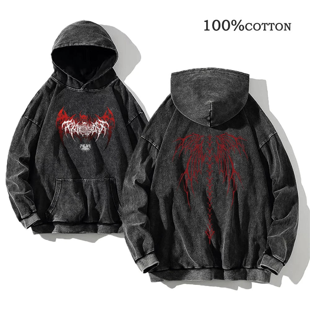 Y2K Washed Hoodies Vintage Cotton Women Men Skull Cross Print Hooded Sweatshirts Oversize Hip Hop Male Pullover Winter Clothes