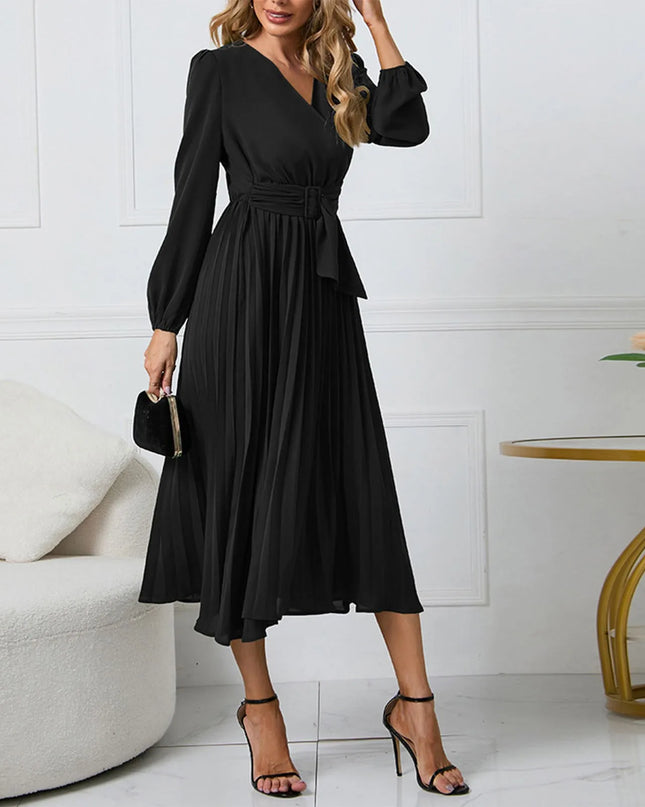 Long-Sleeve Wrap Pleated Midi Dress with Belt