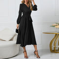 Long-Sleeve Wrap Pleated Midi Dress with Belt