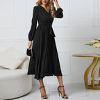Long-Sleeve Wrap Pleated Midi Dress with Belt