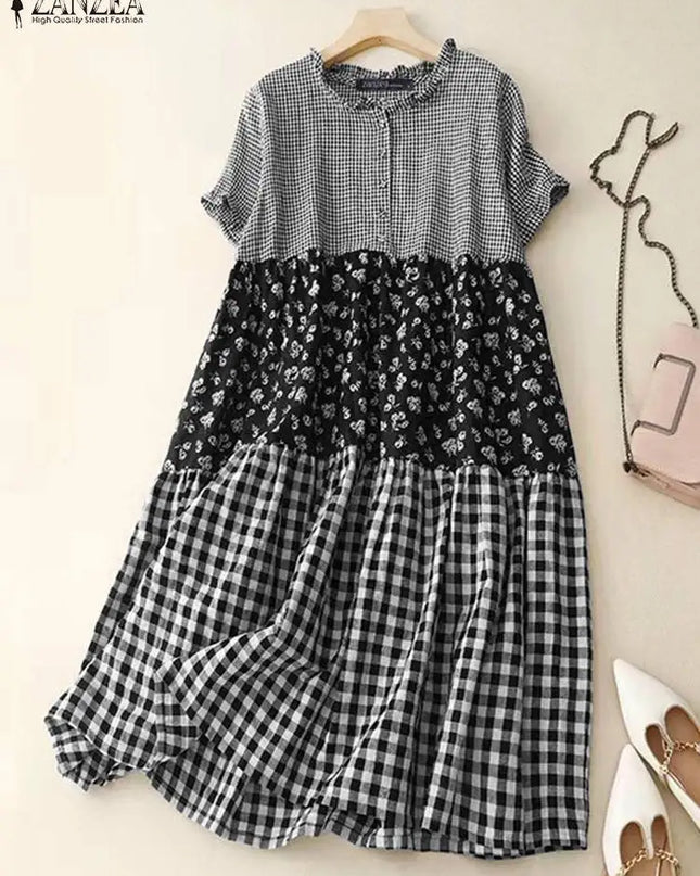 Zanzea Plaid Pleated Maxi Dress
