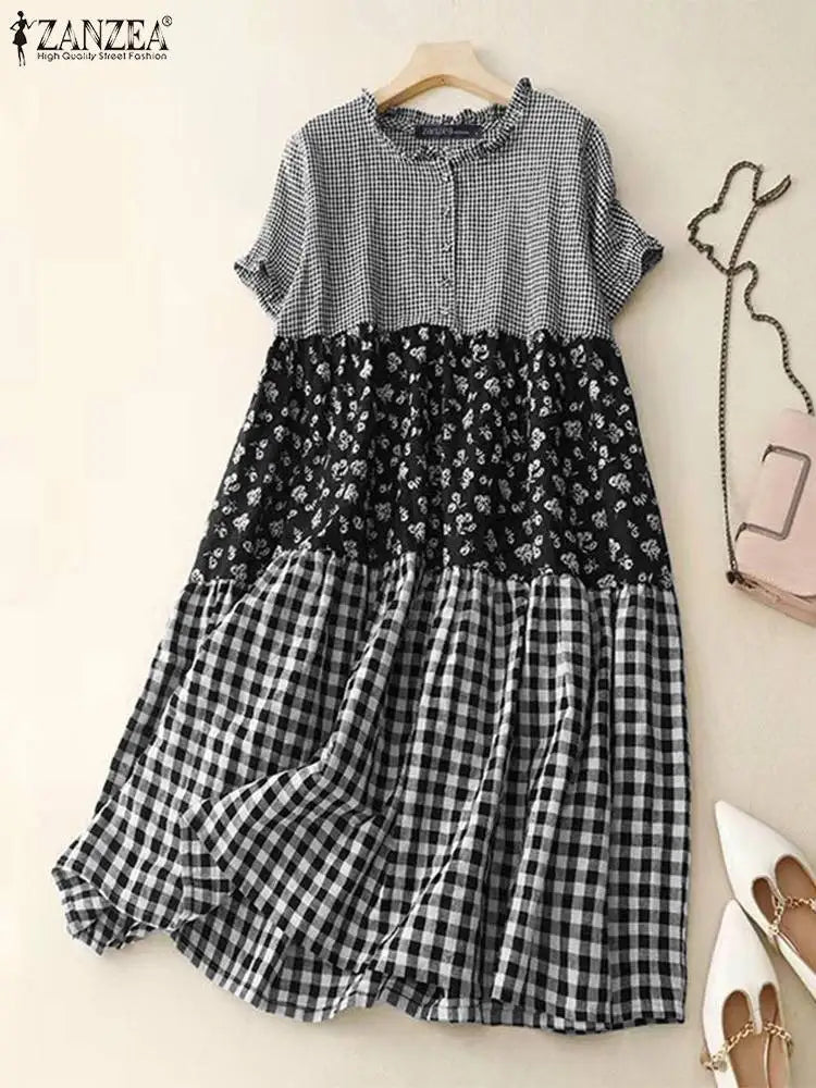 Zanzea Plaid Pleated Maxi Dress-HighTouch
