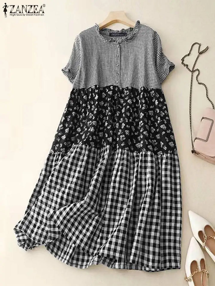 Zanzea Plaid Pleated Maxi Dress-HighTouch
