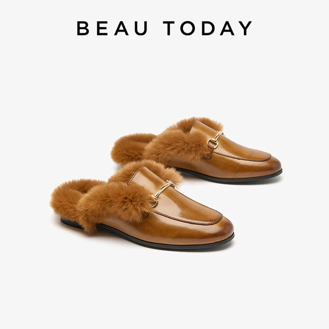 Beau Today Women's Calfskin Leather Mules with Rabbit Fur Lining
